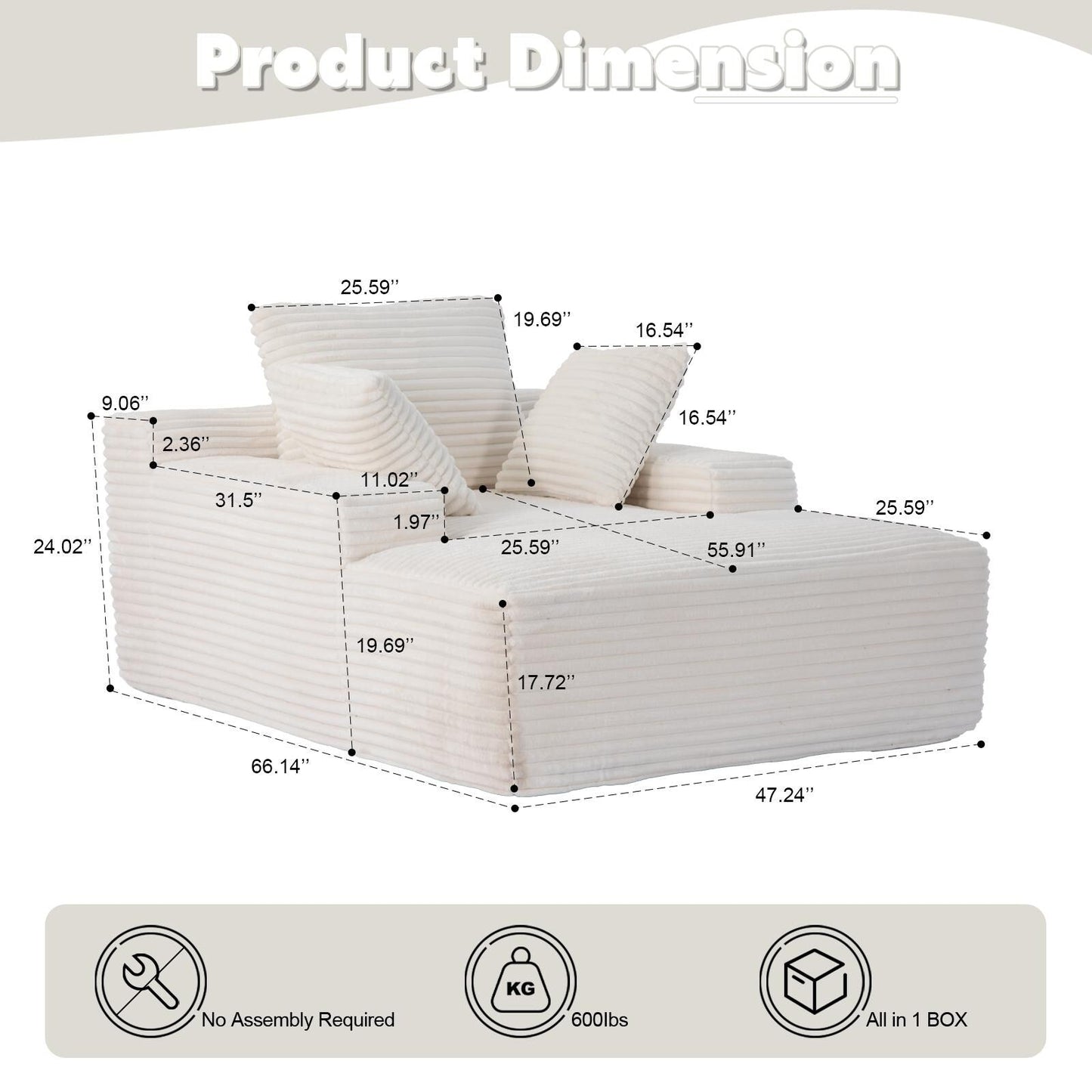 Divano letto oversize in velluto a coste con chaise longue e cuscini per soggiorno, senza montaggio