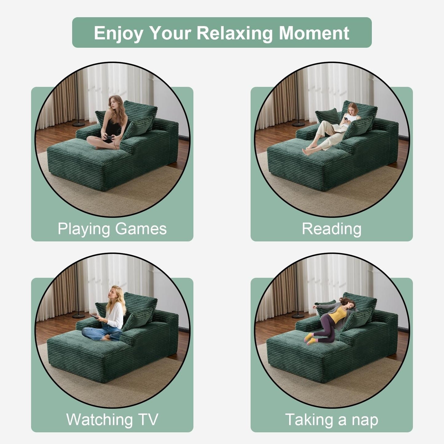 Divano letto oversize in velluto a coste con chaise longue e cuscini per soggiorno, senza montaggio