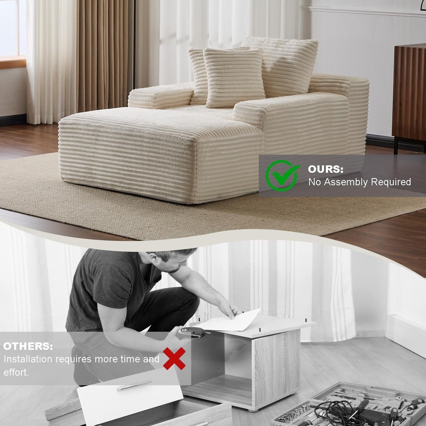 Divano letto oversize in velluto a coste con chaise longue e cuscini per soggiorno, senza montaggio