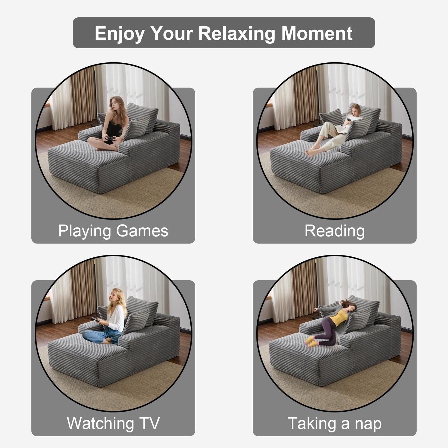 Divano letto oversize in velluto a coste con chaise longue e cuscini per soggiorno, senza montaggio