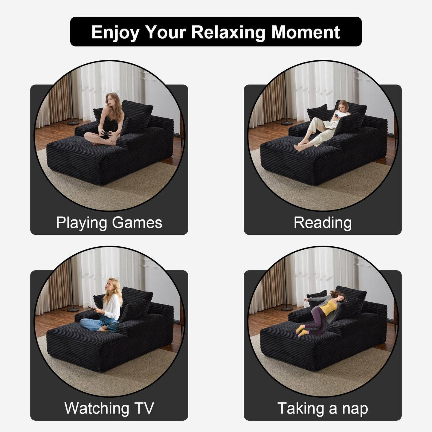 Divano letto oversize in velluto a coste con chaise longue e cuscini per soggiorno, senza montaggio