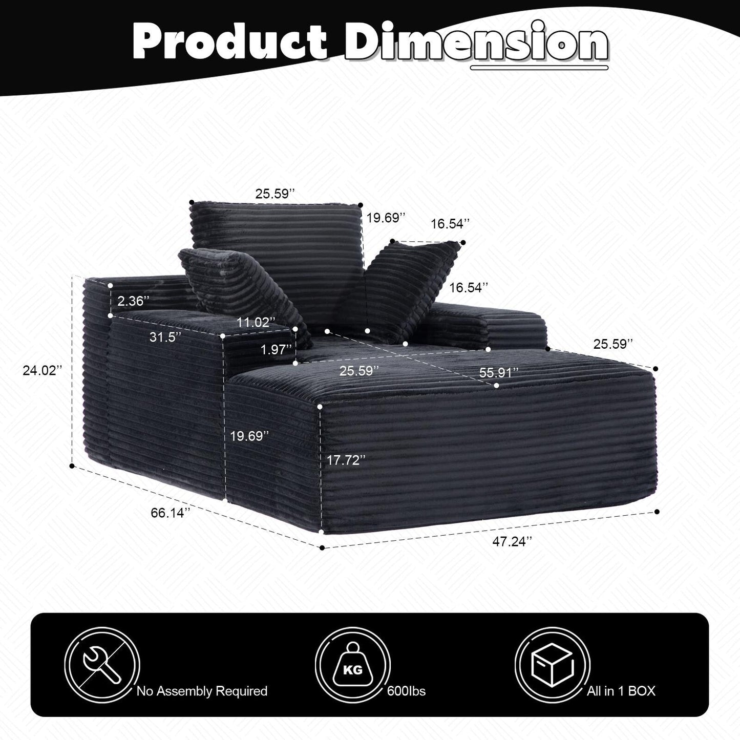 Divano letto oversize in velluto a coste con chaise longue e cuscini per soggiorno, senza montaggio