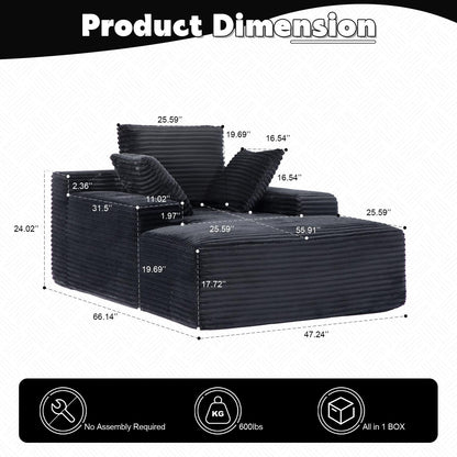 Divano letto oversize in velluto a coste con chaise longue e cuscini per soggiorno, senza montaggio