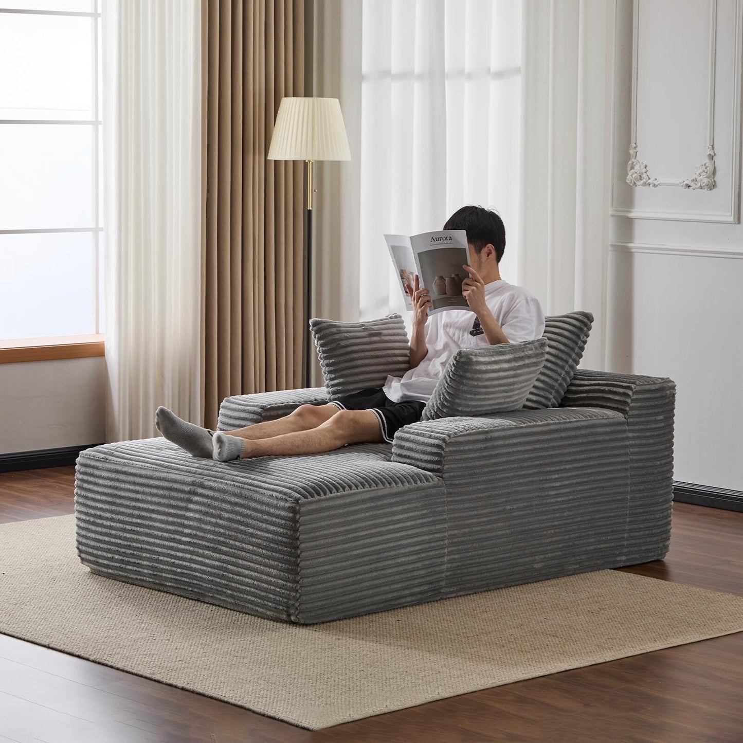 Divano letto oversize in velluto a coste con chaise longue e cuscini per soggiorno, senza montaggio