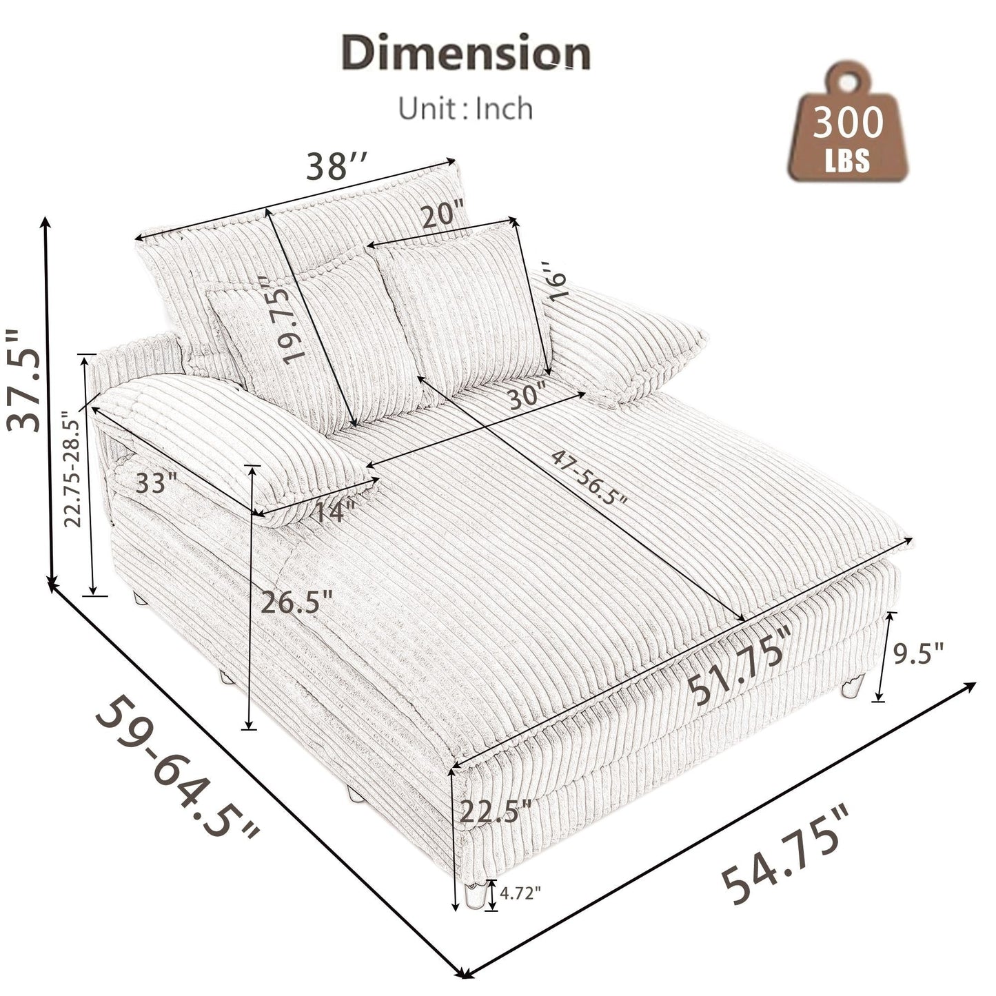 Divano letto regolabile in velluto a coste soffice e chaise longue oversize