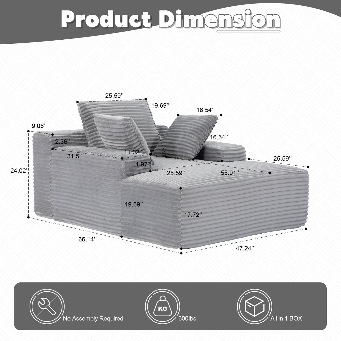 Divano letto chaise longue oversize in velluto a coste con 3 cuscini, bracciolo largo, senza montaggio, grigio
