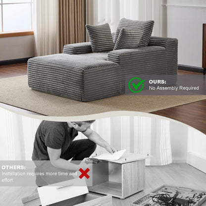 Divano letto chaise longue oversize in velluto a coste con 3 cuscini, bracciolo largo, senza montaggio, grigio