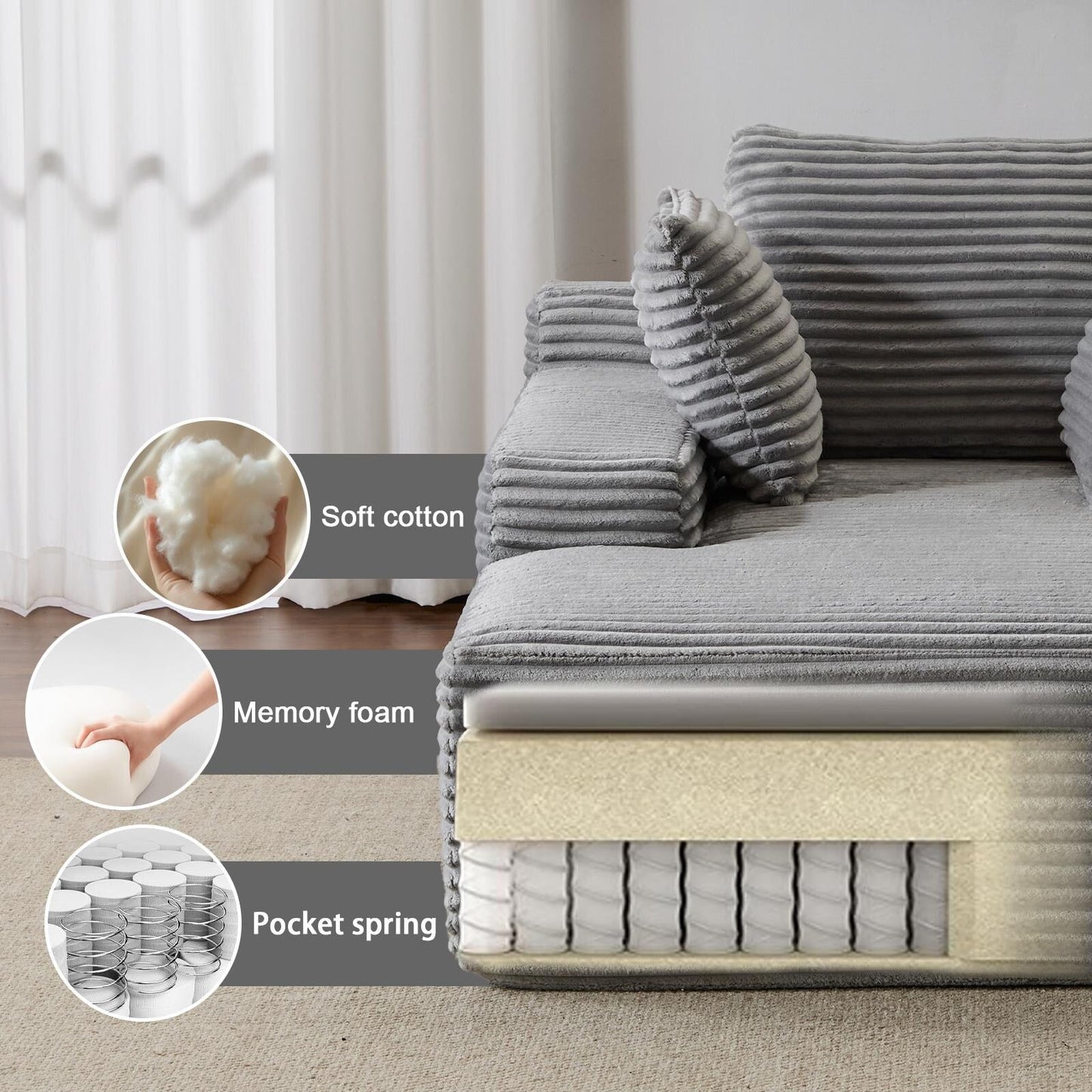 Divano letto chaise longue oversize in velluto a coste con 3 cuscini, bracciolo largo, senza montaggio, grigio