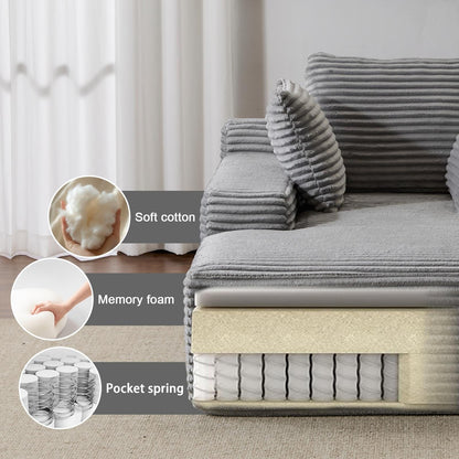 Divano letto chaise longue oversize in velluto a coste con 3 cuscini, bracciolo largo, senza montaggio, grigio