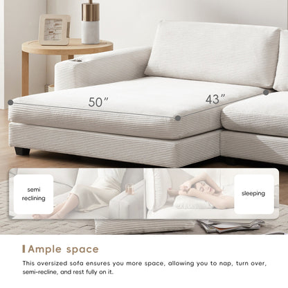 Divano componibile oversize in velluto a coste, divano a forma di L con porta di ricarica USB, portabicchieri, divano con seduta profonda e ampia e chaise longue da 50 cm
