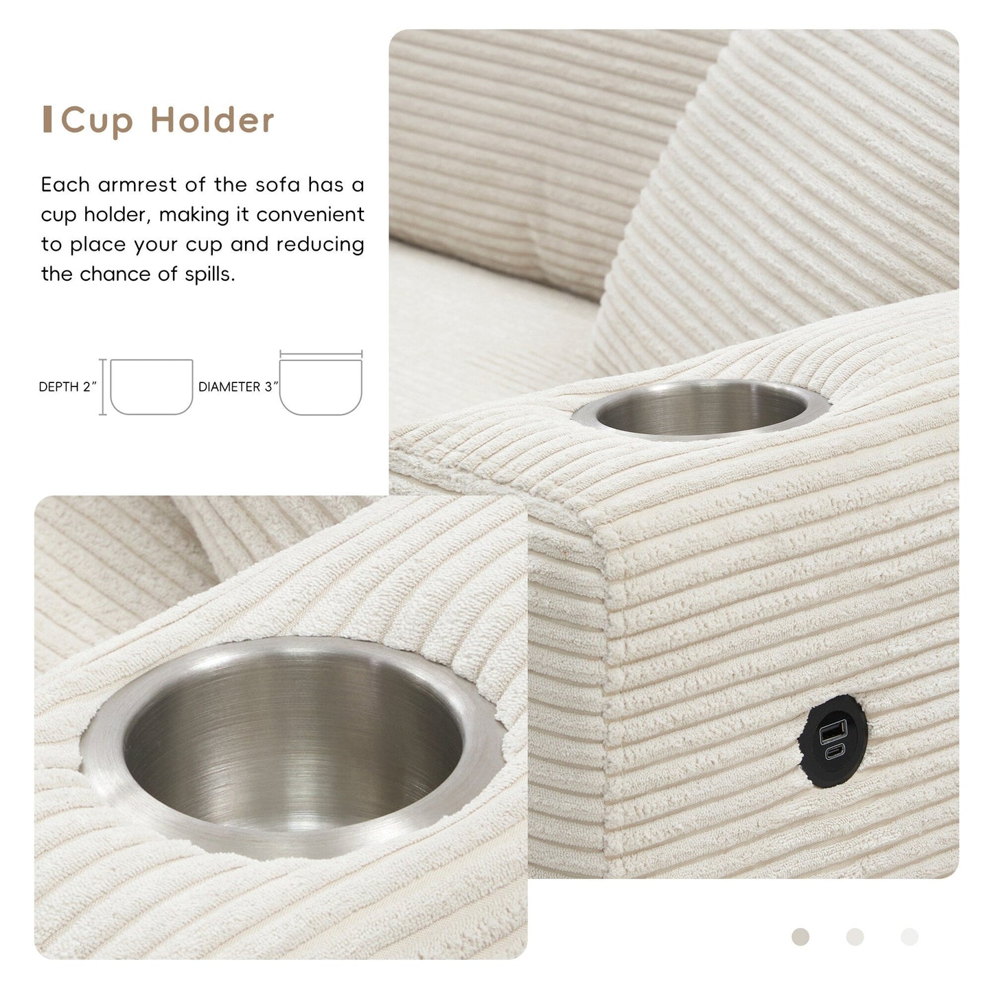 Divano componibile oversize in velluto a coste, divano a forma di L con porta di ricarica USB, portabicchieri, divano con seduta profonda e ampia e chaise longue da 50 cm