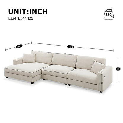 Divano componibile oversize in velluto a coste, divano a forma di L con porta di ricarica USB, portabicchieri, divano con seduta profonda e ampia e chaise longue da 50 cm