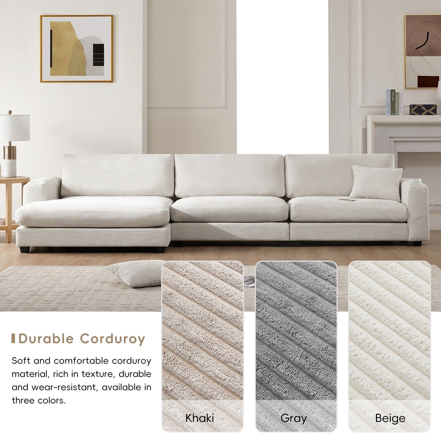 Divano componibile oversize in velluto a coste, divano a forma di L con porta di ricarica USB, portabicchieri, divano con seduta profonda e ampia e chaise longue da 50 cm