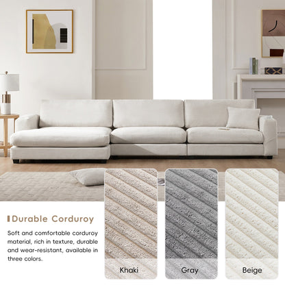 Divano componibile oversize in velluto a coste, divano a forma di L con porta di ricarica USB, portabicchieri, divano con seduta profonda e ampia e chaise longue da 50 cm