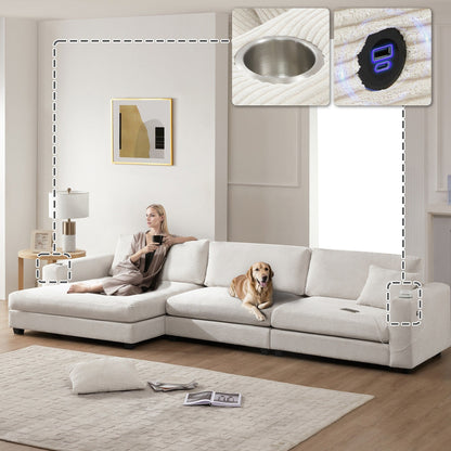 Divano componibile oversize in velluto a coste, divano a forma di L con porta di ricarica USB, portabicchieri, divano con seduta profonda e ampia e chaise longue da 50 cm