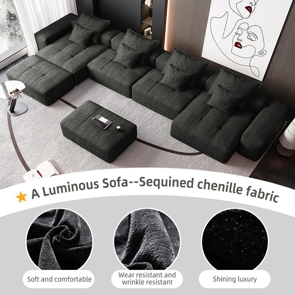 Divano componibile modulare oversize in ciniglia a 6 posti con cuscini e 8 cuscini per soggiorno