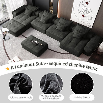 Divano componibile modulare oversize in ciniglia a 6 posti con cuscini e 8 cuscini per soggiorno