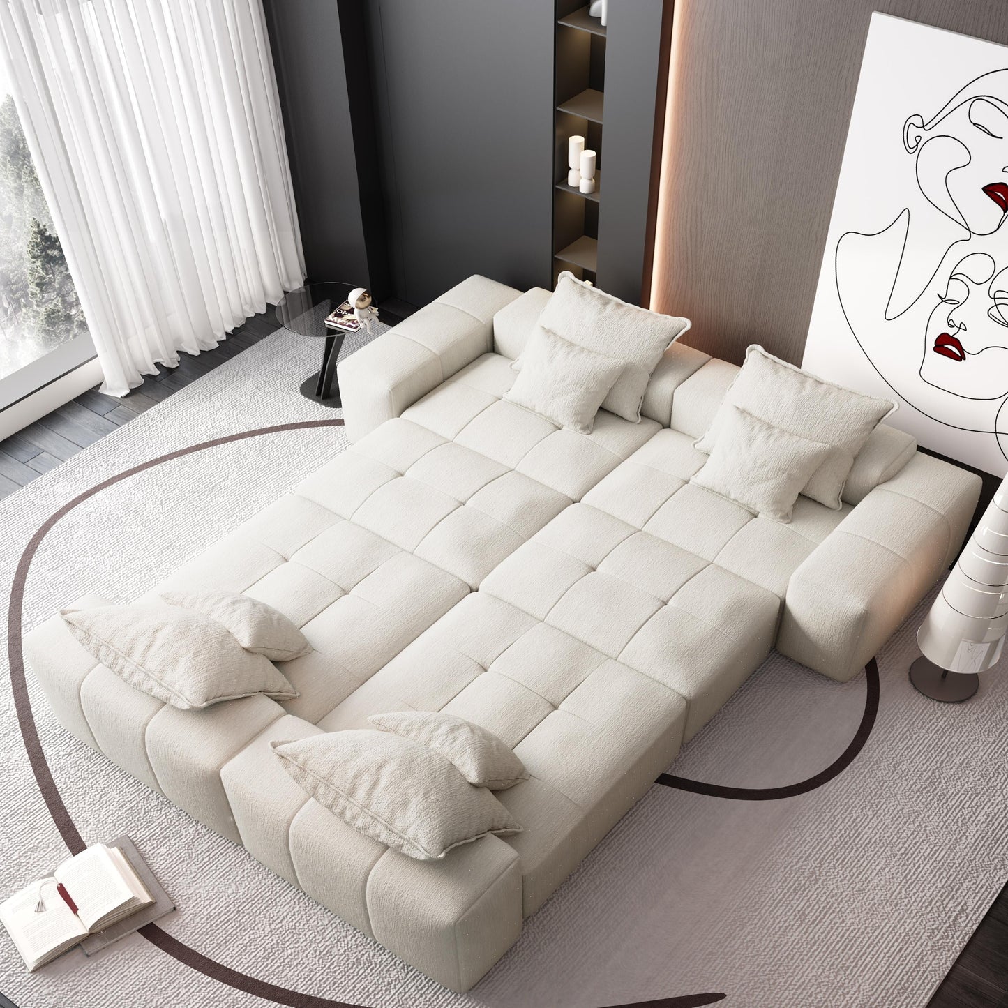 Divano componibile modulare oversize in ciniglia a 6 posti con cuscini e 8 cuscini per soggiorno