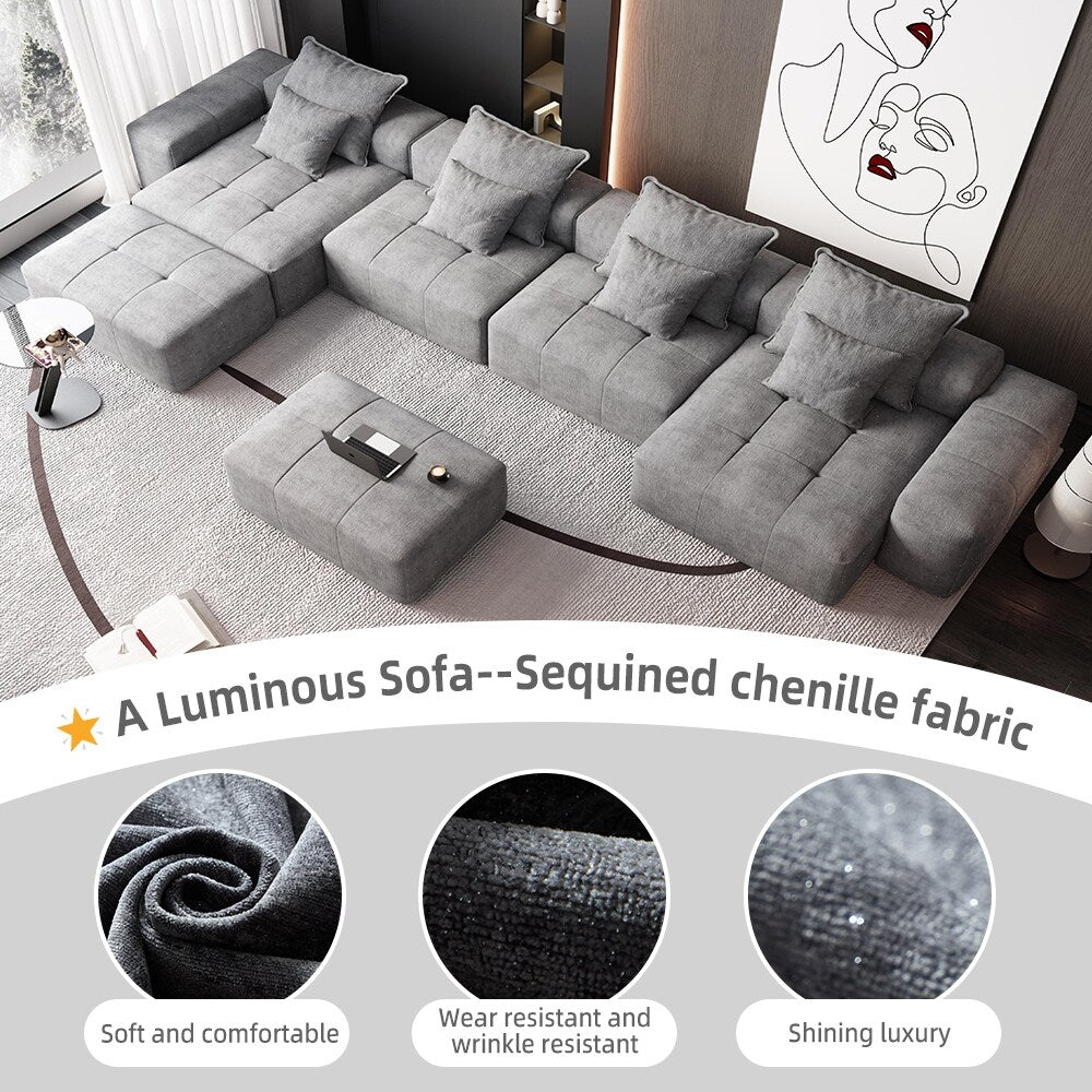 Divano componibile modulare oversize in ciniglia a 6 posti con cuscini e 8 cuscini per soggiorno