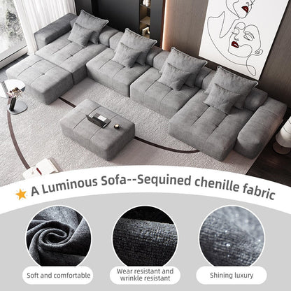 Divano componibile modulare oversize in ciniglia a 6 posti con cuscini e 8 cuscini per soggiorno