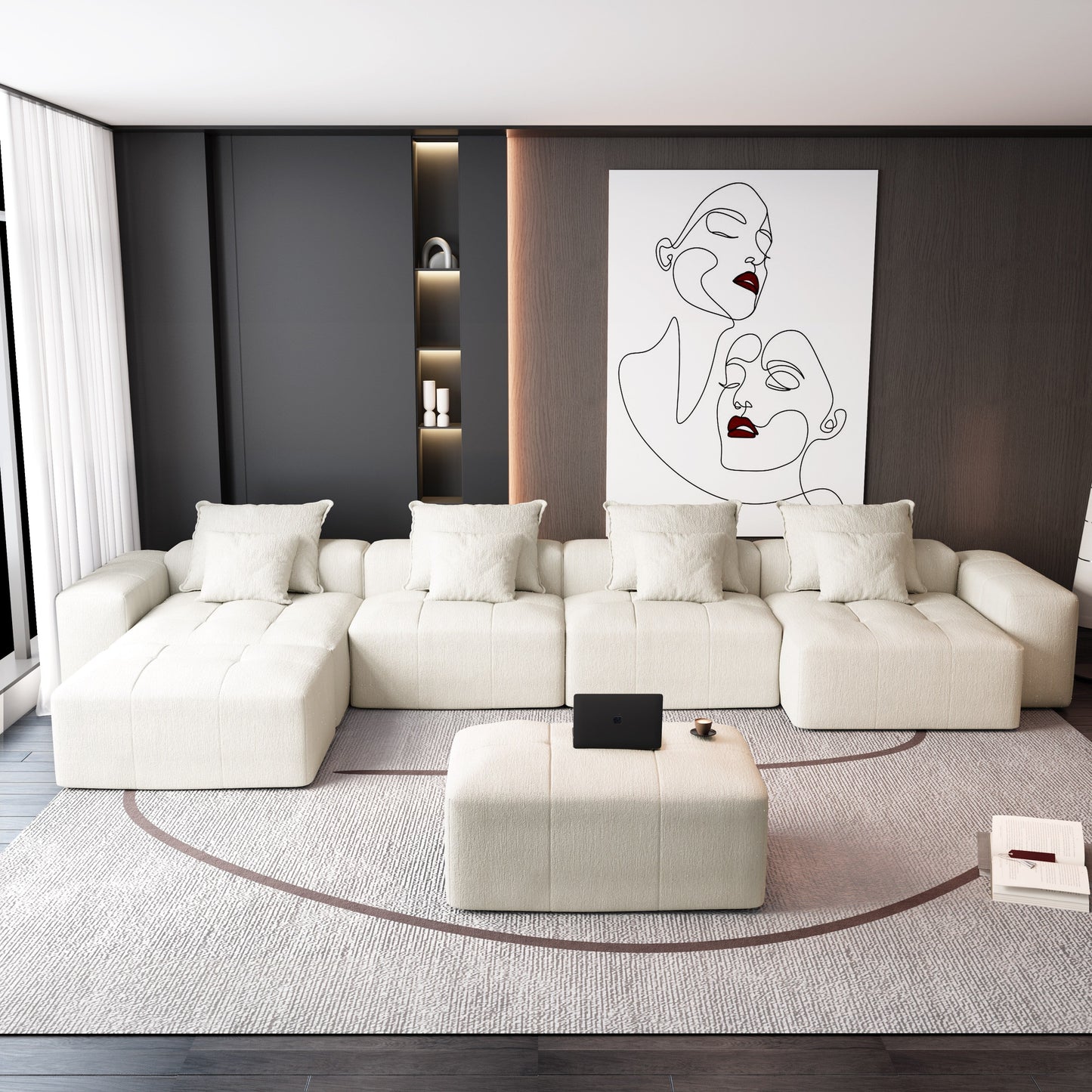 Divano componibile modulare oversize in ciniglia a 6 posti con cuscini e 8 cuscini per soggiorno