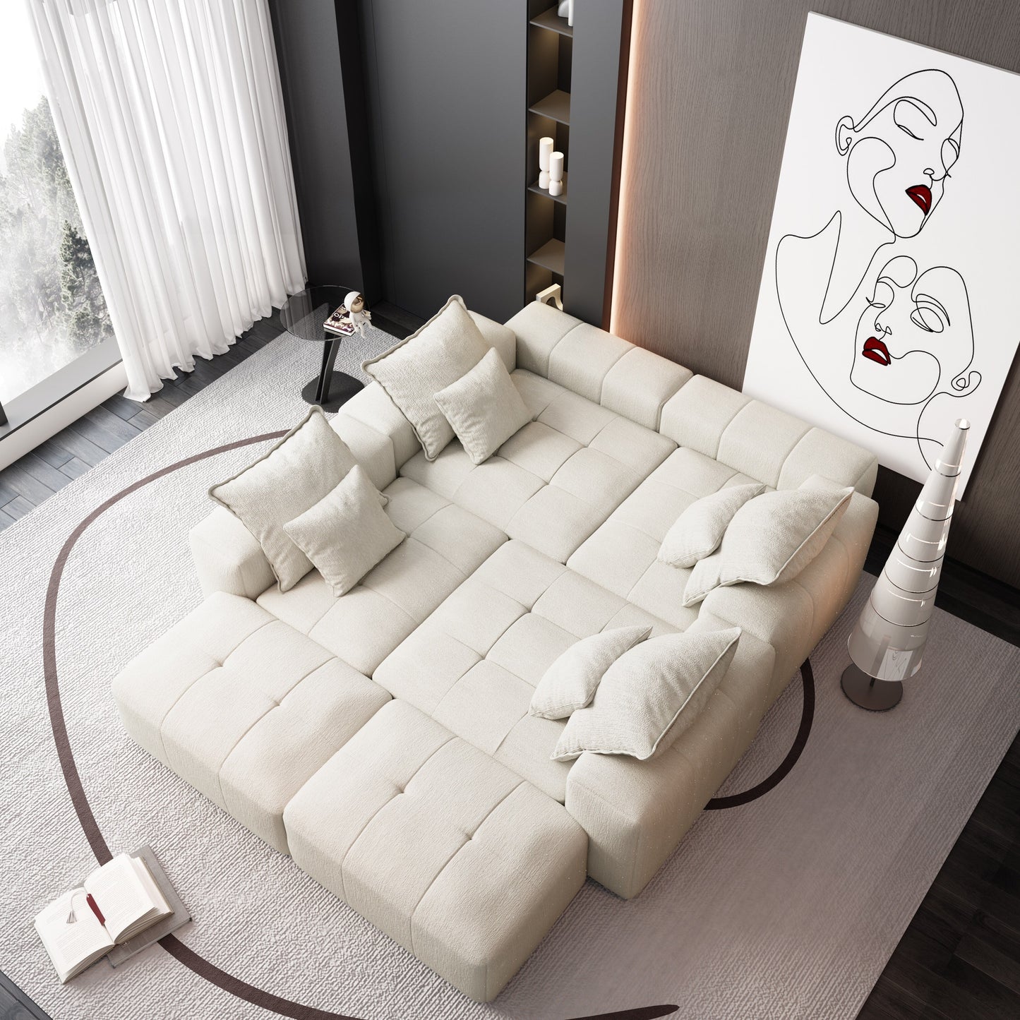 Divano componibile modulare oversize in ciniglia a 6 posti con cuscini e 8 cuscini per soggiorno