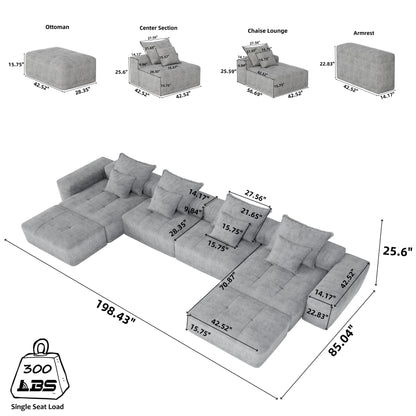 Divano componibile modulare oversize in ciniglia a 6 posti con cuscini e 8 cuscini per soggiorno