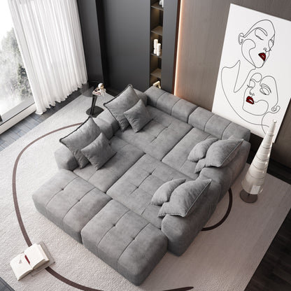 Divano componibile modulare oversize in ciniglia a 6 posti con cuscini e 8 cuscini per soggiorno