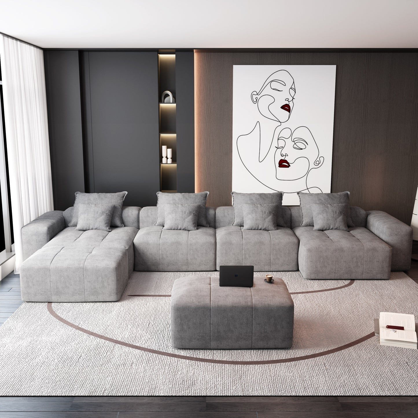 Divano componibile modulare oversize in ciniglia a 6 posti con cuscini e 8 cuscini per soggiorno