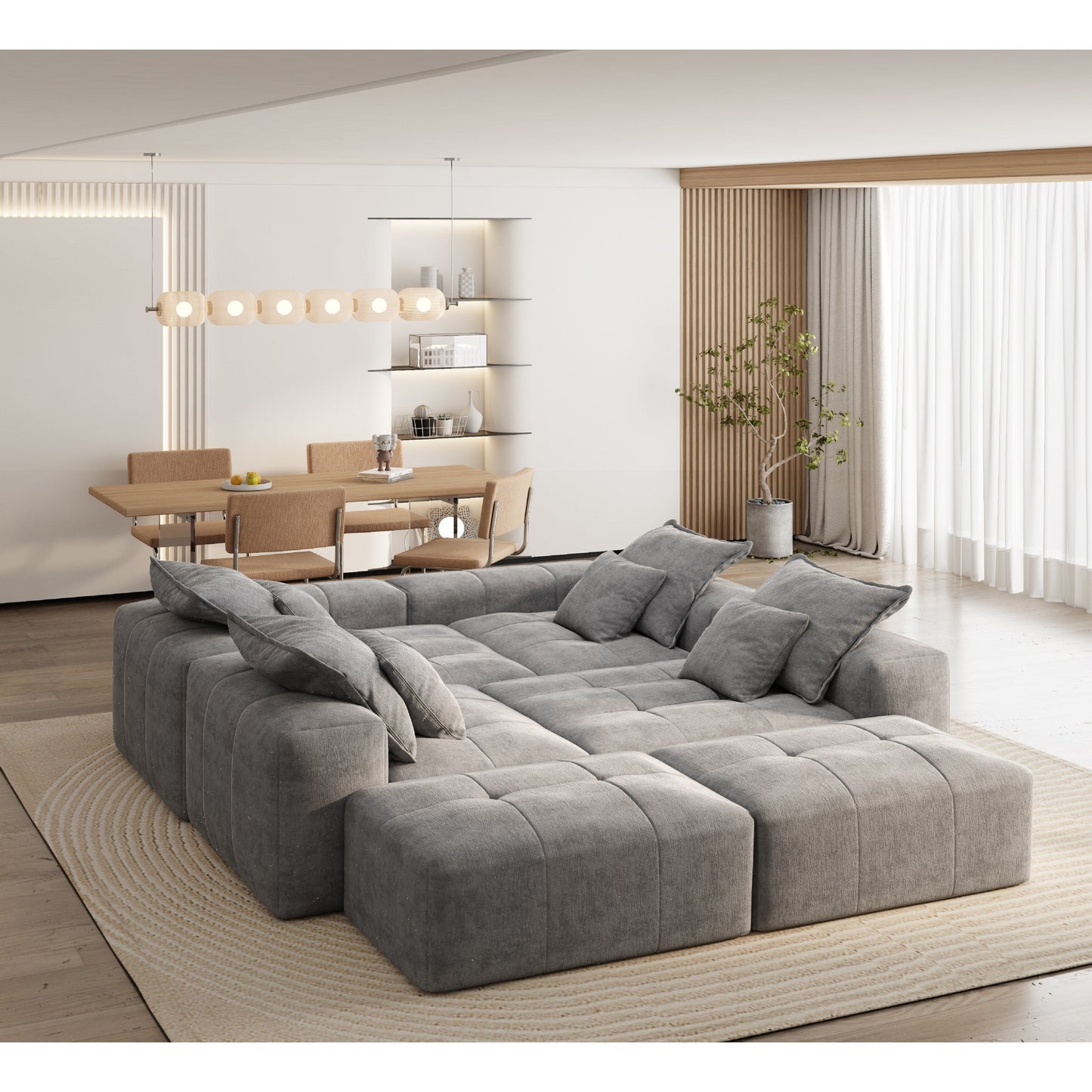 Divano componibile modulare oversize in ciniglia a 6 posti con cuscini e 8 cuscini per soggiorno