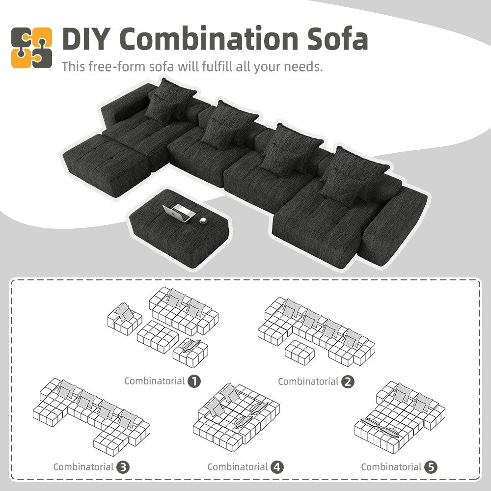 Divano componibile modulare oversize in ciniglia a 6 posti con cuscini e 8 cuscini per soggiorno