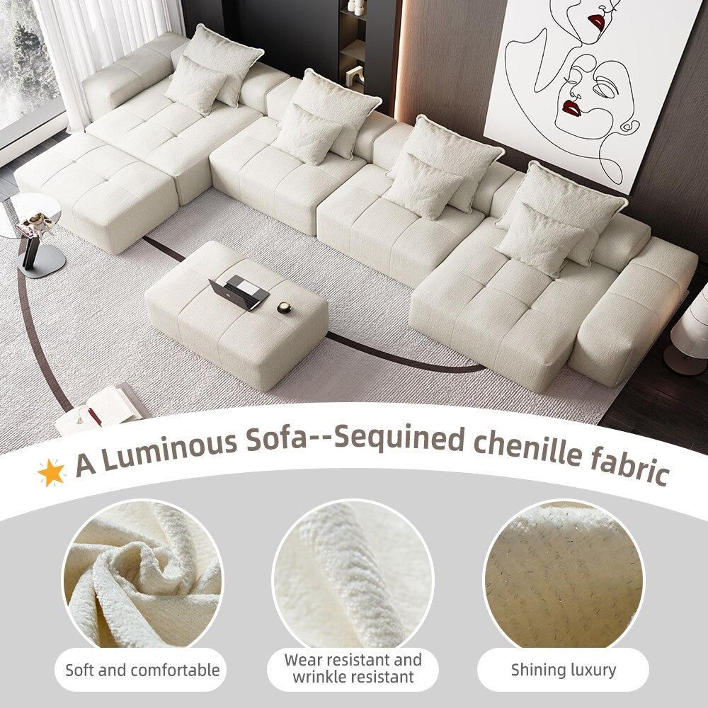 Divano componibile modulare oversize in ciniglia a 6 posti con cuscini e 8 cuscini per soggiorno