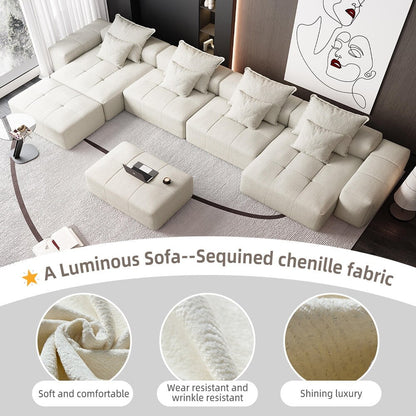 Divano componibile modulare oversize in ciniglia a 6 posti con cuscini e 8 cuscini per soggiorno