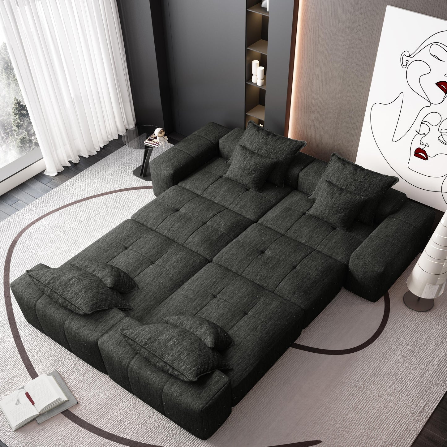 Divano componibile modulare oversize in ciniglia a 6 posti con cuscini e 8 cuscini per soggiorno