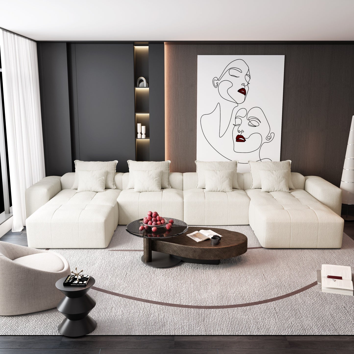 Divano componibile modulare oversize in ciniglia a 6 posti con cuscini e 8 cuscini per soggiorno