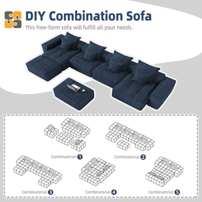 Divano componibile modulare oversize in ciniglia a 6 posti con cuscini e 8 cuscini per soggiorno