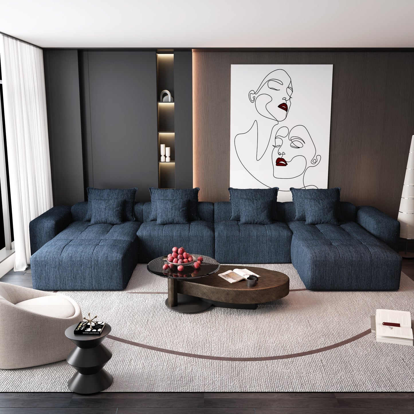 Divano componibile modulare oversize in ciniglia a 6 posti con cuscini e 8 cuscini per soggiorno