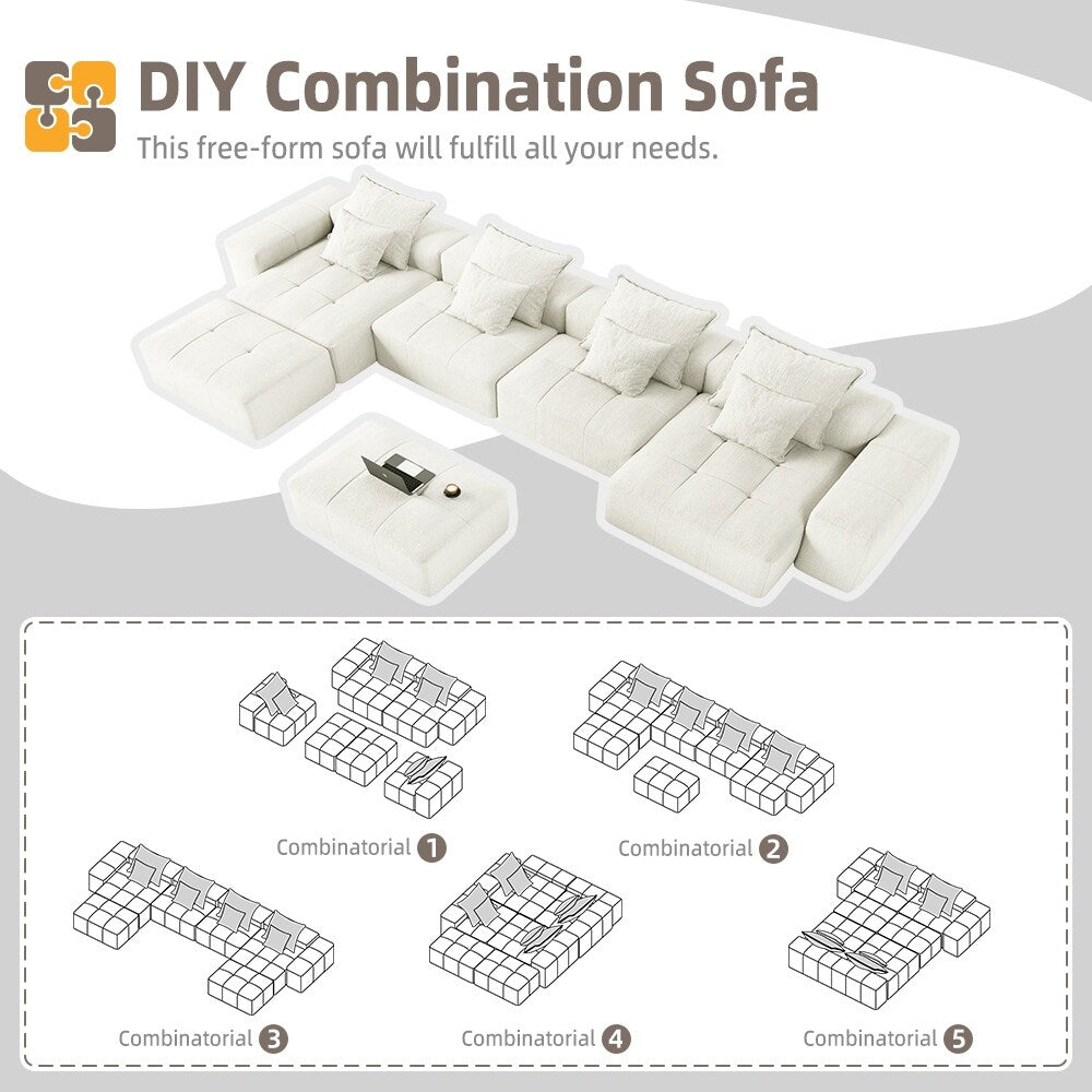 Divano componibile modulare oversize in ciniglia a 6 posti con cuscini e 8 cuscini per soggiorno