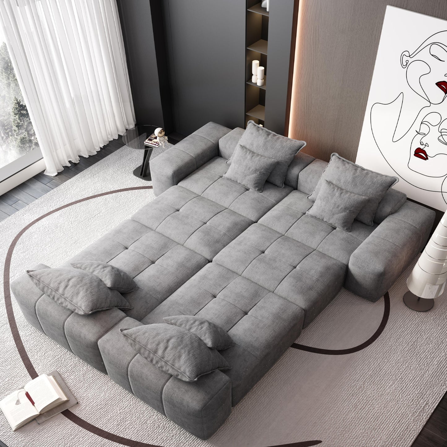 Divano componibile modulare oversize in ciniglia a 6 posti con cuscini e 8 cuscini per soggiorno