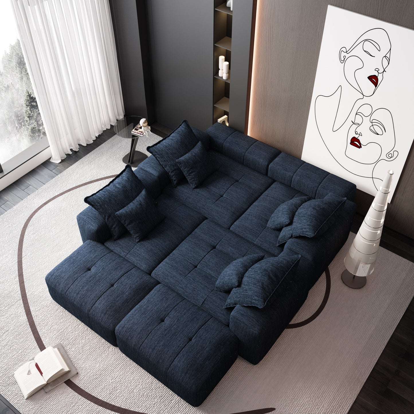 Divano componibile modulare oversize in ciniglia a 6 posti con cuscini e 8 cuscini per soggiorno