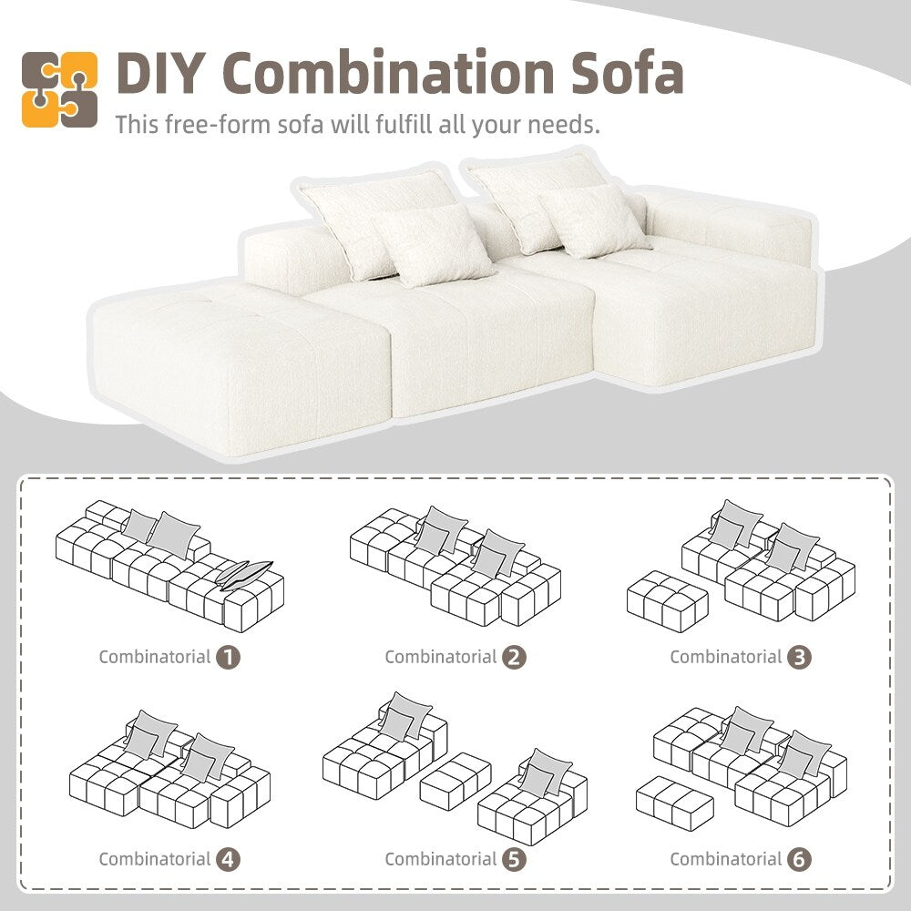 Divano componibile modulare oversize in ciniglia con pouf, chaise longue, 1 bracciolo e 4 cuscini per soggiorno