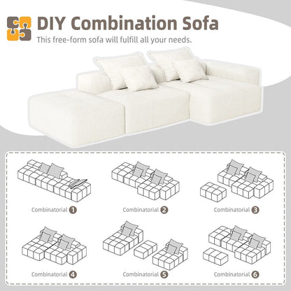 Divano componibile modulare oversize in ciniglia con pouf, chaise longue, 1 bracciolo e 4 cuscini per soggiorno