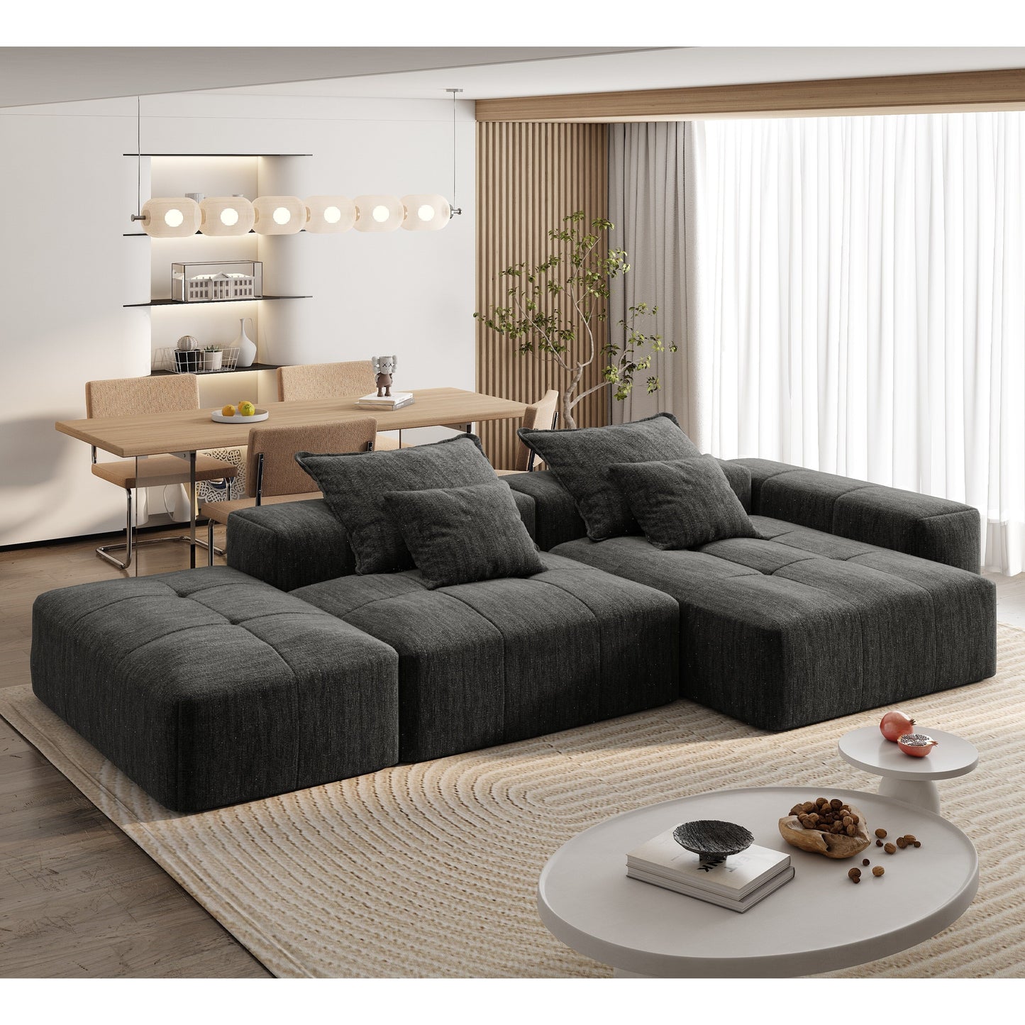 Divano componibile modulare oversize in ciniglia con pouf, chaise longue, 1 bracciolo e 4 cuscini per soggiorno