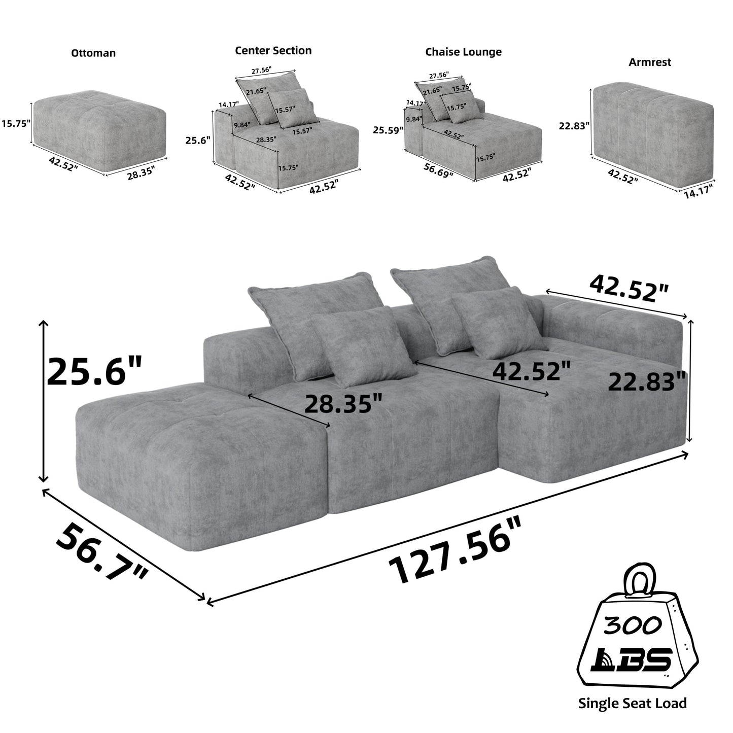 Divano componibile modulare oversize in ciniglia con pouf, chaise longue, 1 bracciolo e 4 cuscini per soggiorno