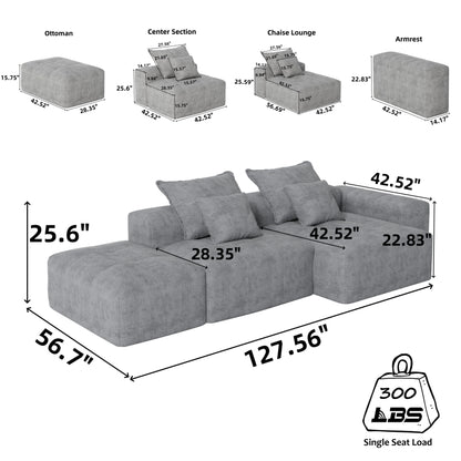 Divano componibile modulare oversize in ciniglia con pouf, chaise longue, 1 bracciolo e 4 cuscini per soggiorno