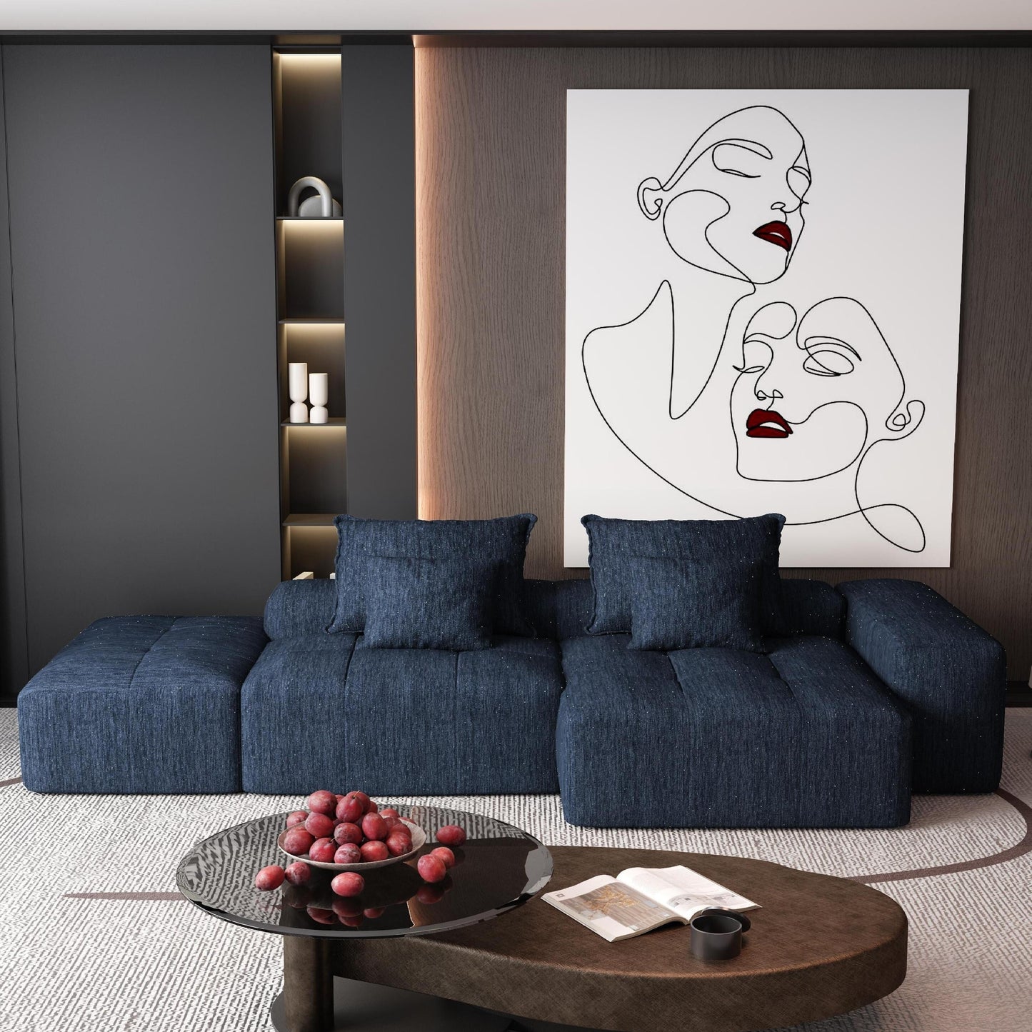 Divano componibile modulare oversize in ciniglia con pouf, chaise longue, 1 bracciolo e 4 cuscini per soggiorno