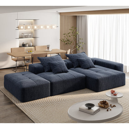 Divano componibile modulare oversize in ciniglia con pouf, chaise longue, 1 bracciolo e 4 cuscini per soggiorno