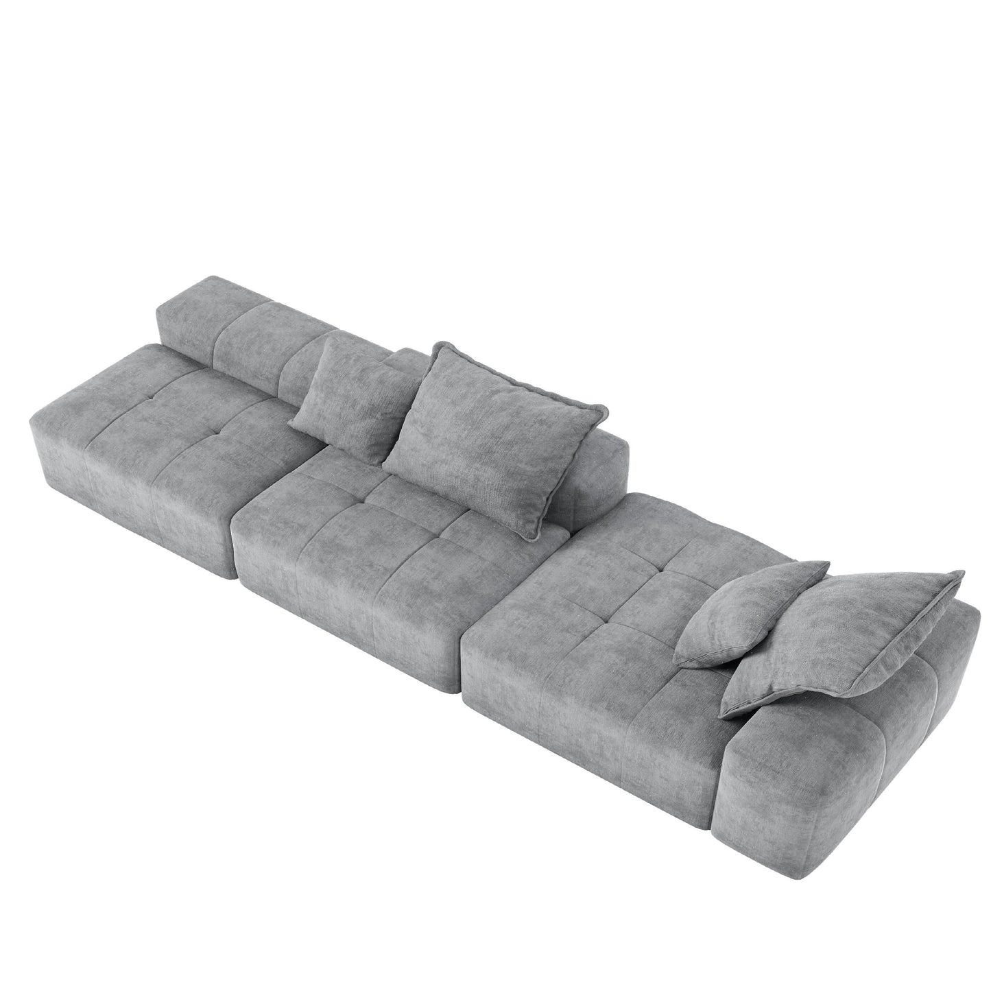 Divano componibile modulare oversize in ciniglia con pouf, chaise longue, 1 bracciolo e 4 cuscini per soggiorno