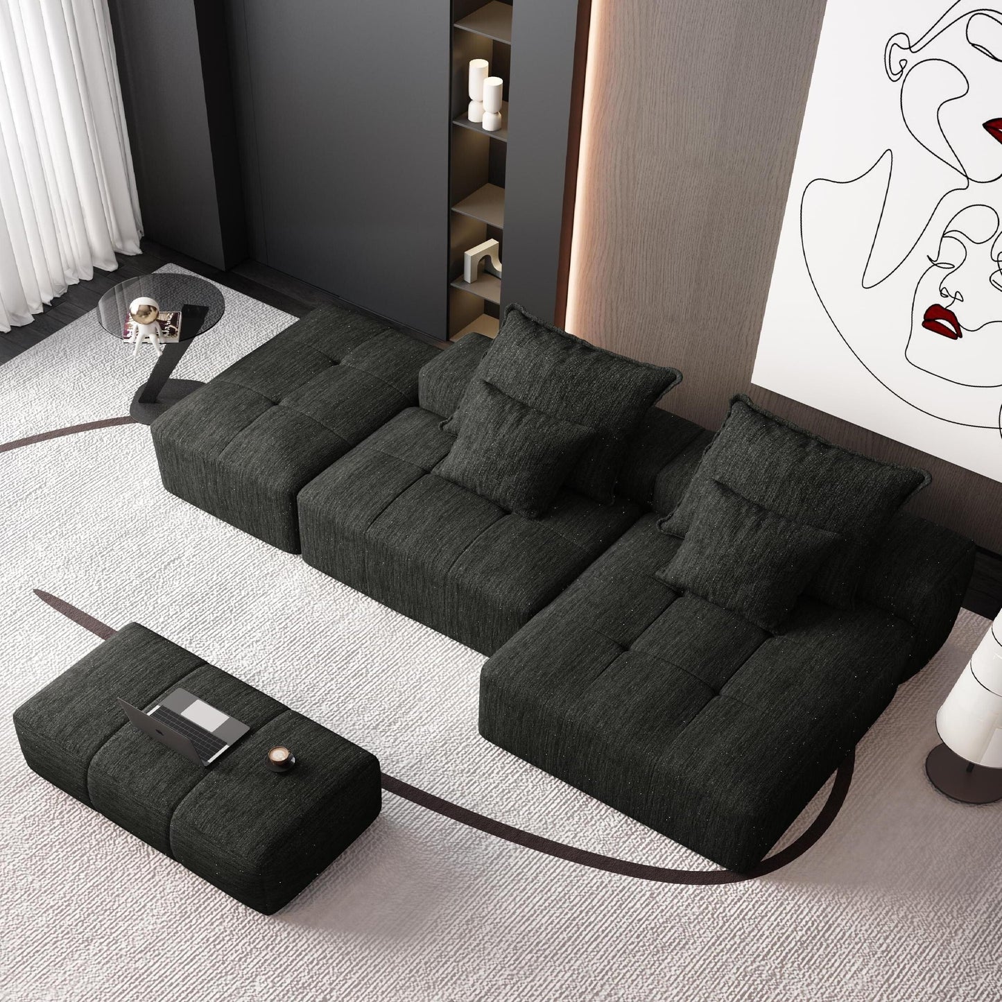 Divano componibile modulare oversize in ciniglia con pouf, chaise longue, 1 bracciolo e 4 cuscini per soggiorno