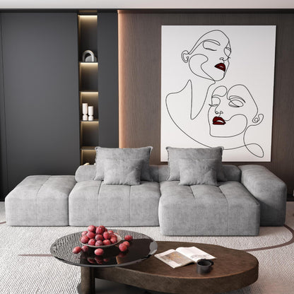 Divano componibile modulare oversize in ciniglia con pouf, chaise longue, 1 bracciolo e 4 cuscini per soggiorno